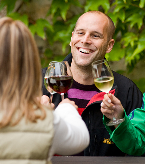 drei Freunde stoßen mit Wein an